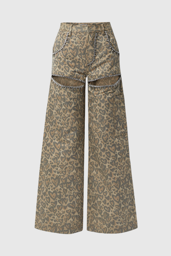 Monica Leopard  Rhinestone Cutout Jeans