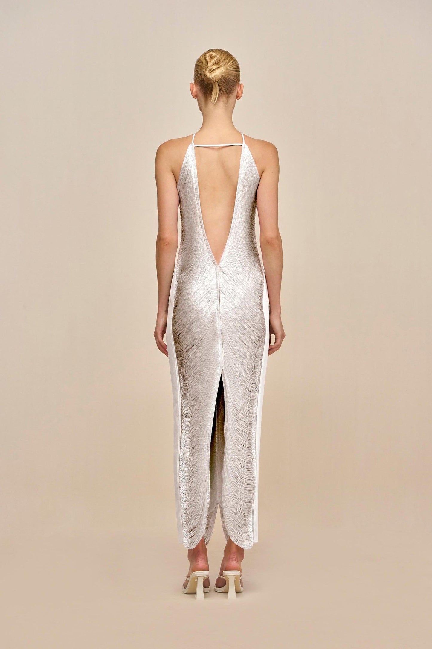 Veroty Halter Fringe Maxi Dress -white