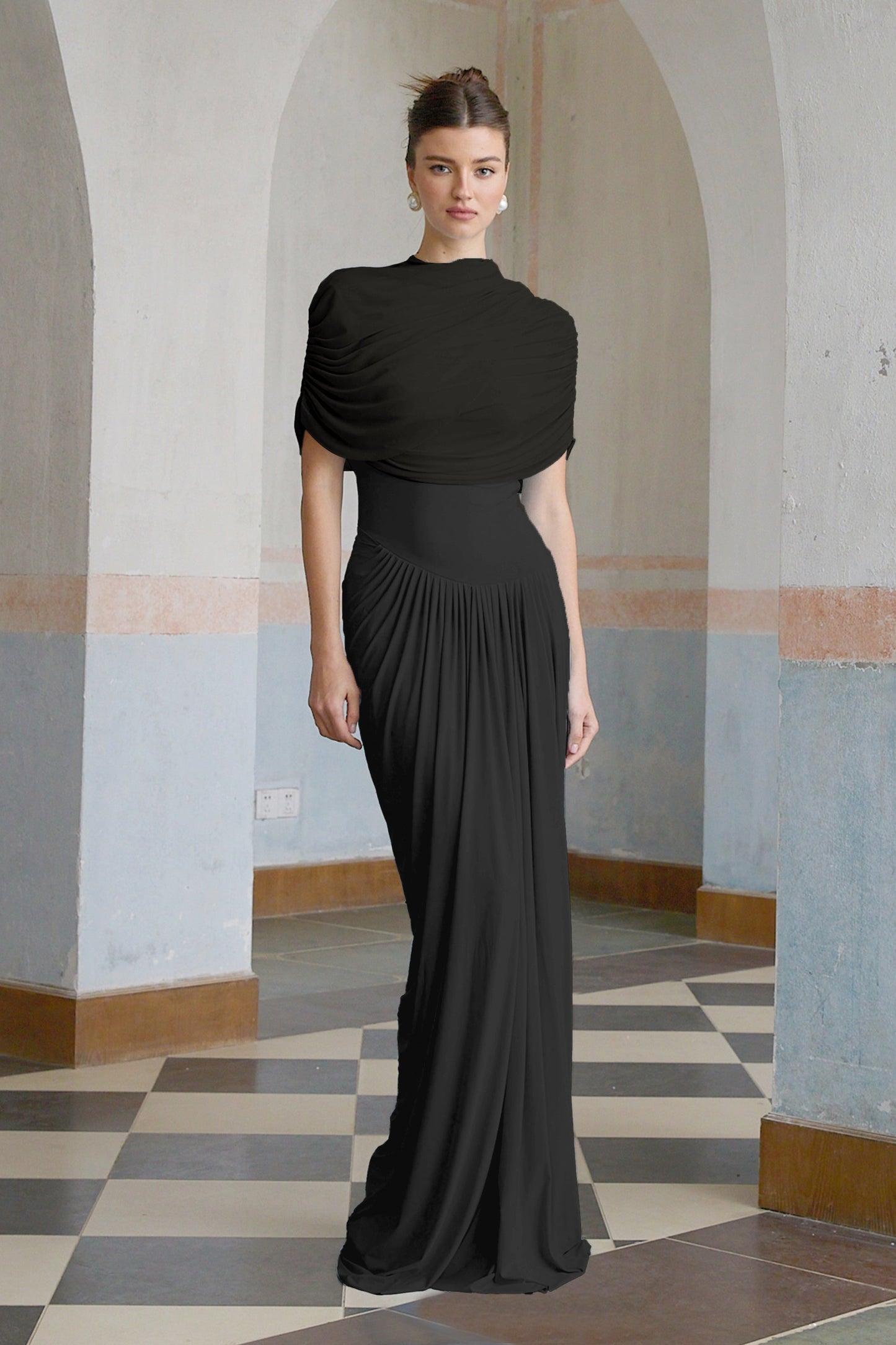 Catherine asymmetric pleated maxi dress in Black