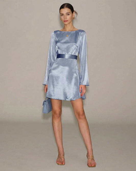 Blue Boat Neck Satin Mini Dress