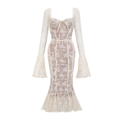 Marlene flared lace maxi dress in White