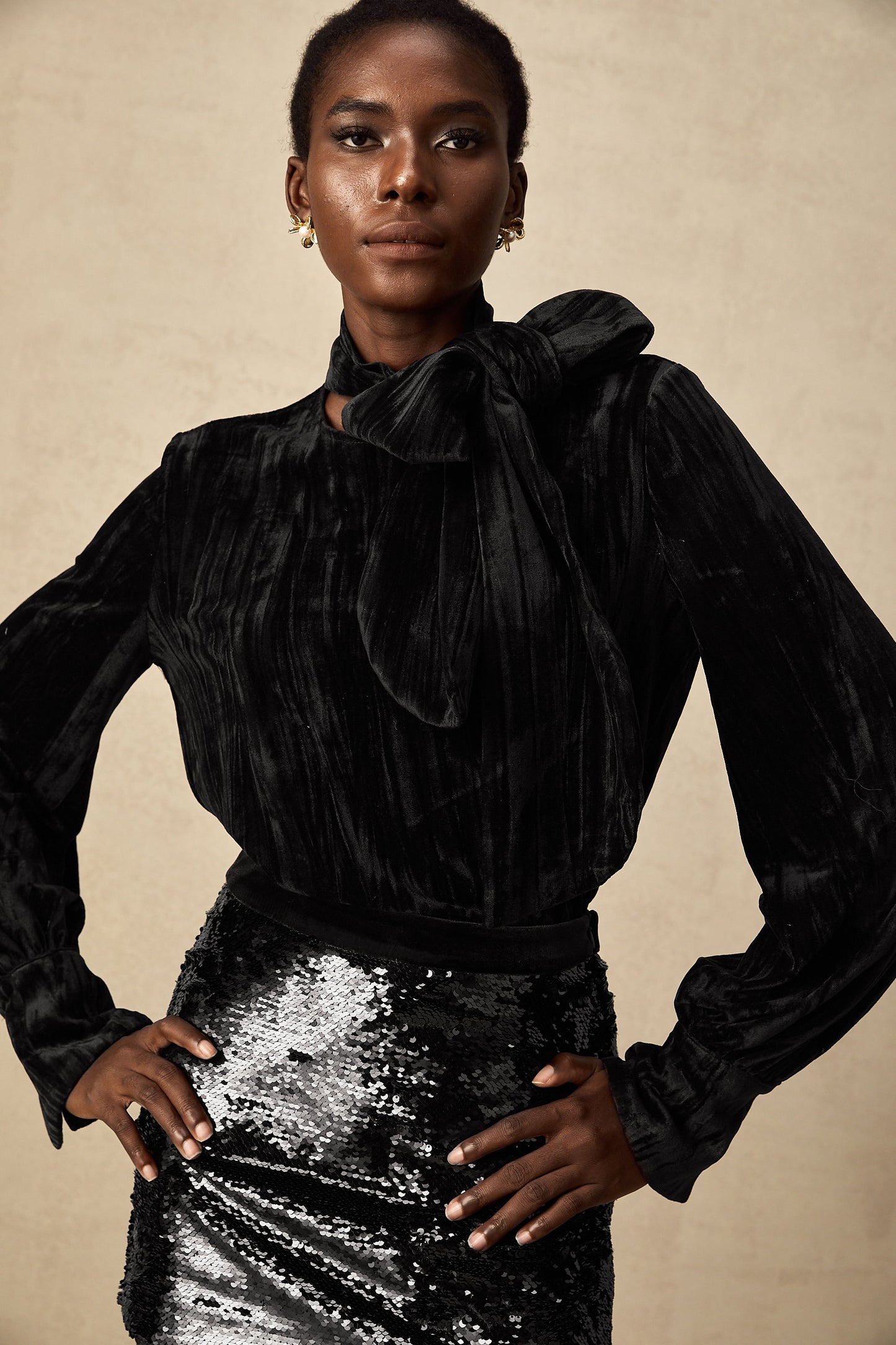 Aude sequined velvet blouse & skirt matching set