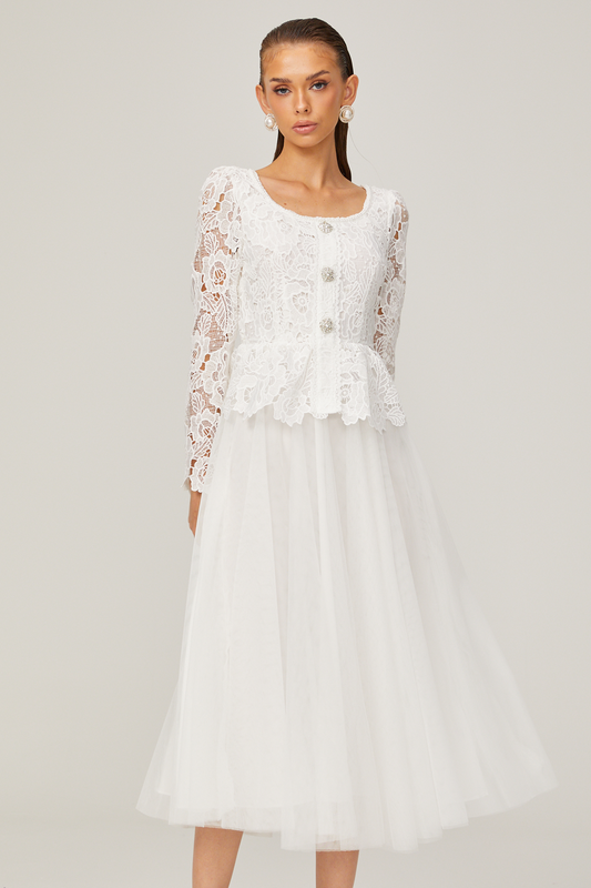 Gabrielle white peplum-waist tulle midi dress
