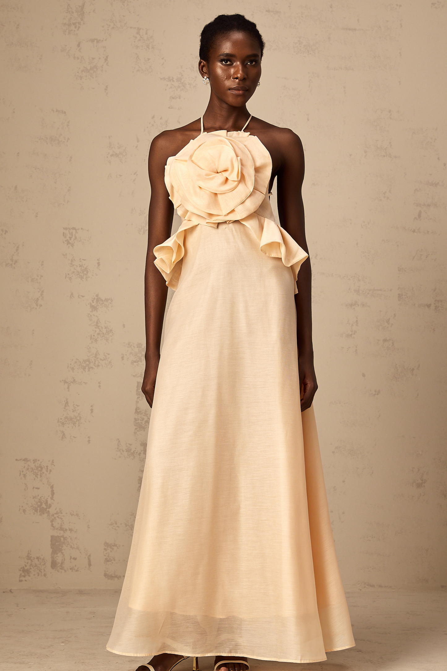 Ginevra pink 3d-petal ruffled maxi dress