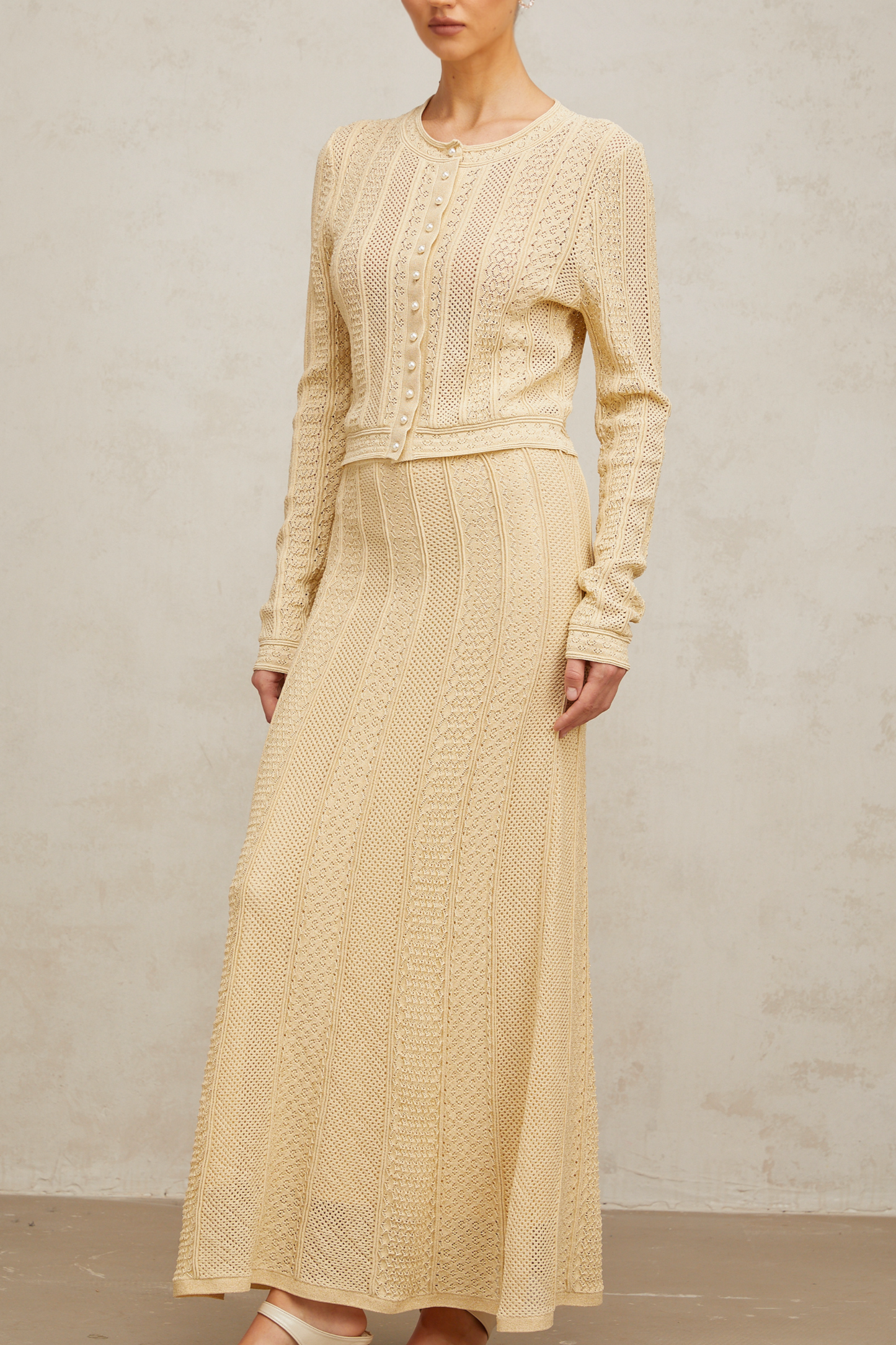 Tiphaine pointelle-knit cardigan & skirt matching set