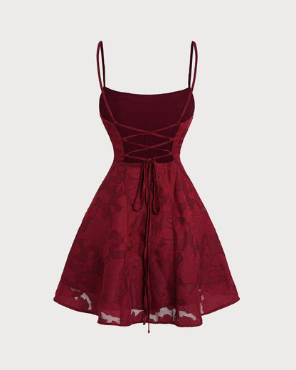 Wine Red Floral Backless Slip Mini Dress