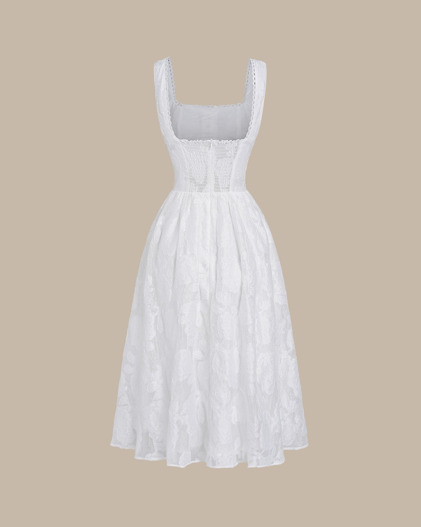 White Jacquard Shirred Slip Midi Dress