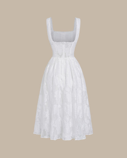 White Jacquard Shirred Slip Midi Dress