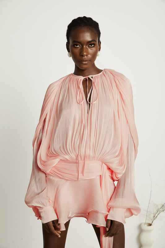 Eugénie fully-pleated ruffled mini dress in Pink