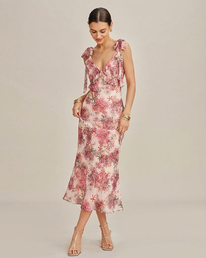 Pink Floral Ruffle Tie Strap Midi Dress
