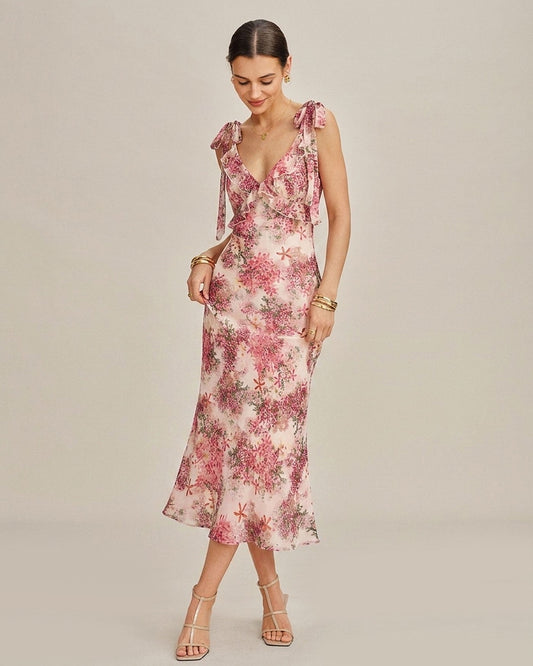 Pink Floral Ruffle Tie Strap Midi Dress