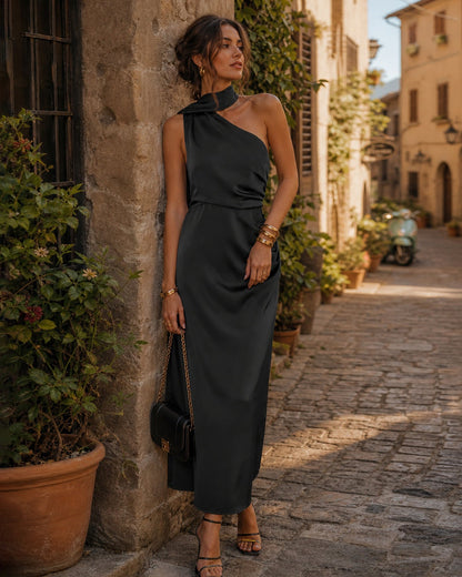 Black One Shoulder A-Line Maxi Dress