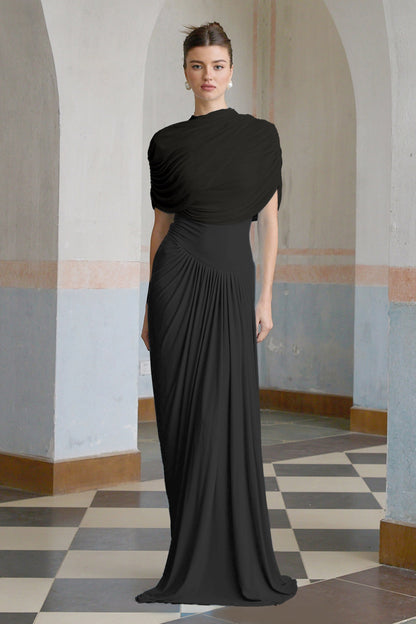 Catherine asymmetric pleated maxi dress in Black