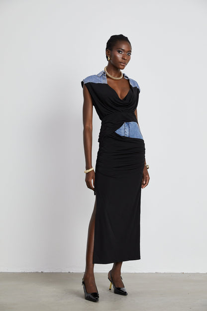 Nala jersey-panelled denim top & skirt matching set