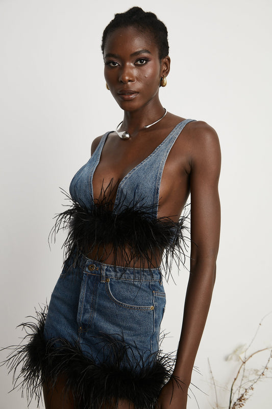 Milia feather denim top & skirt matching set