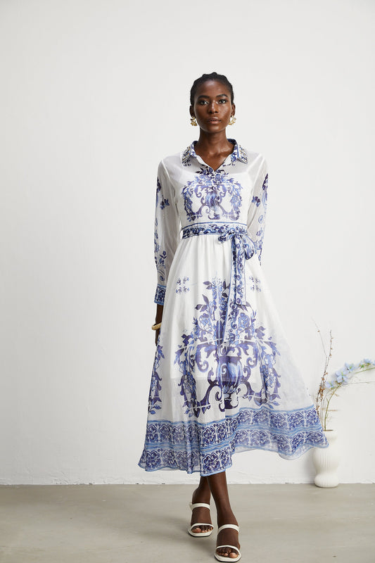 Isabelle pattern-print cinch-waist midi dress