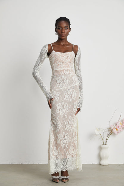 Valérie white floral lace mesh maxi dress