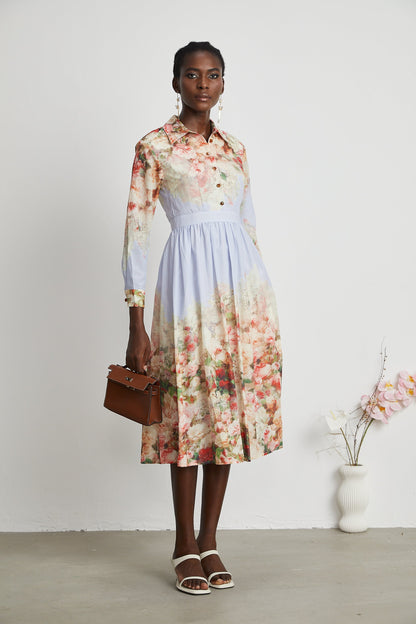 Sylvie floral-print pleated long sleeve midi dress