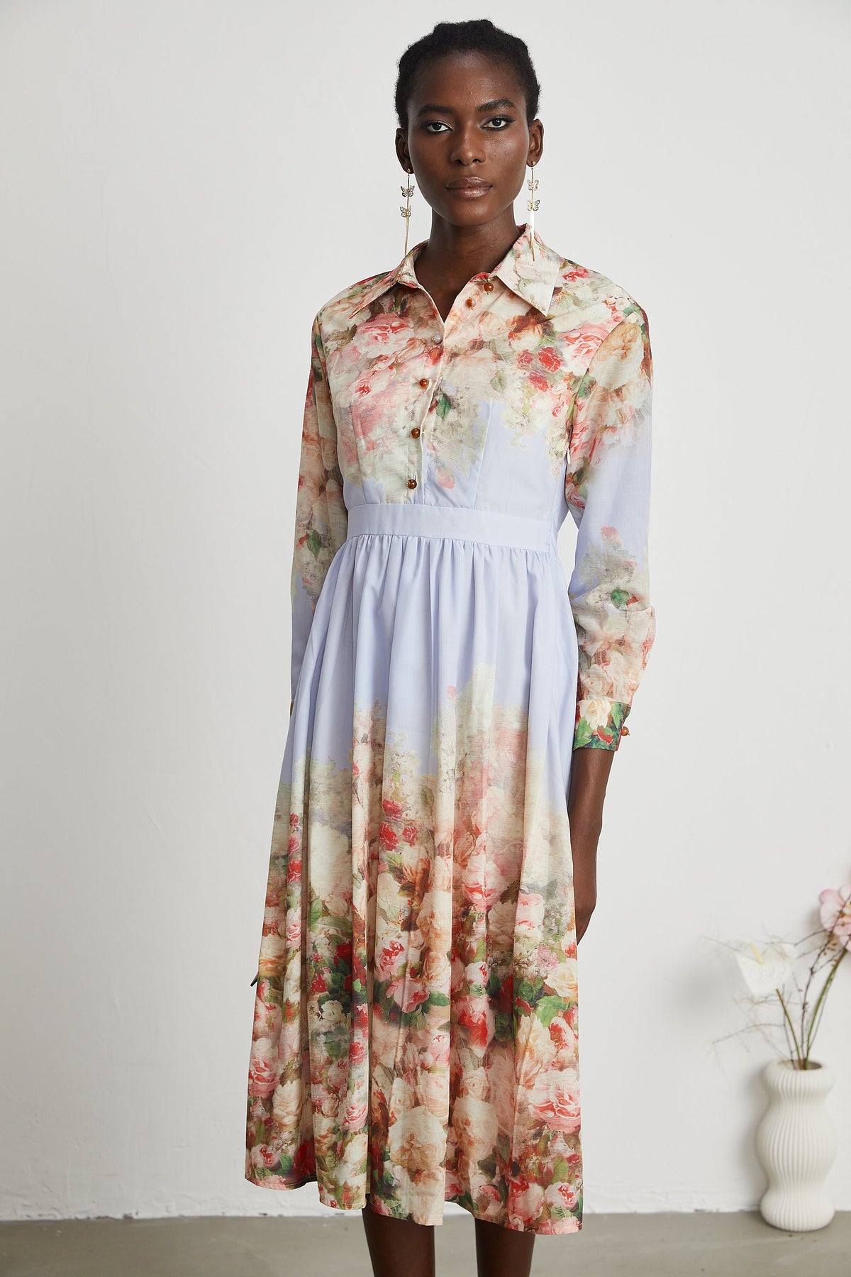 Sylvie floral-print pleated long sleeve midi dress