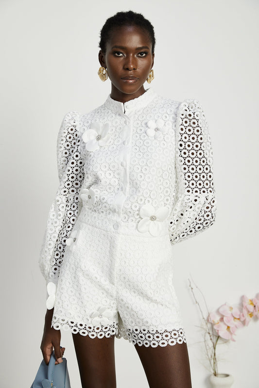 Calla faux-flower cut-out blouse & shorts matching set