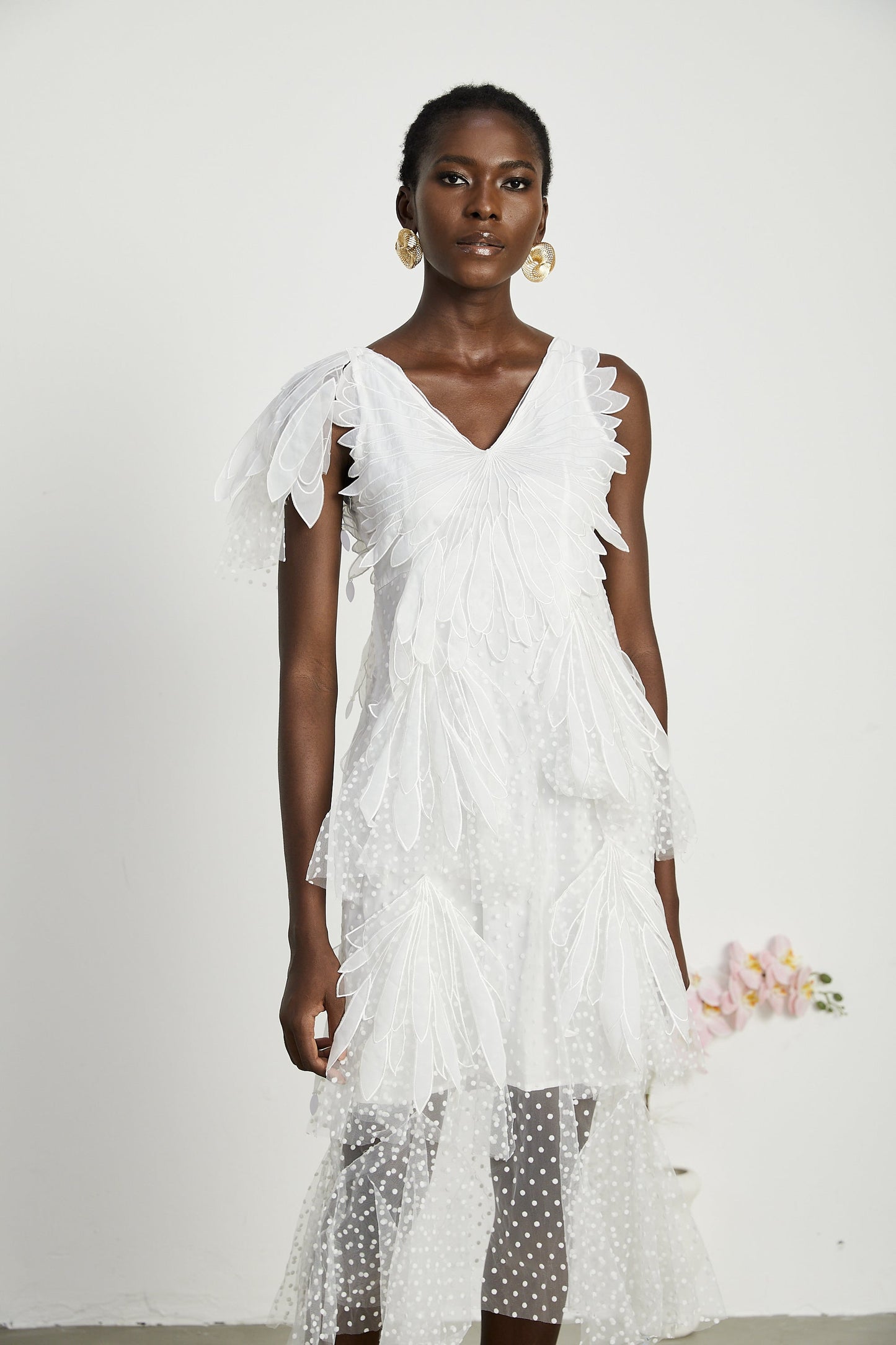 Solène faux-feather pleated midi dress