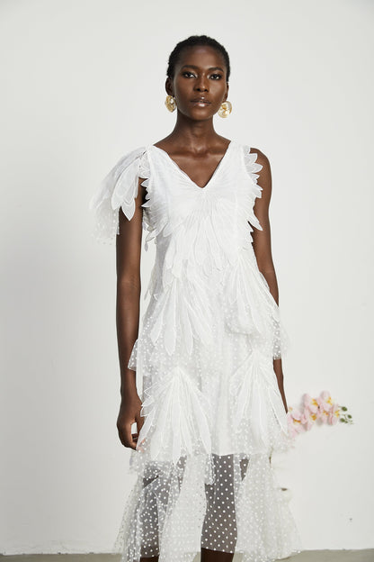 Solène faux-feather pleated midi dress