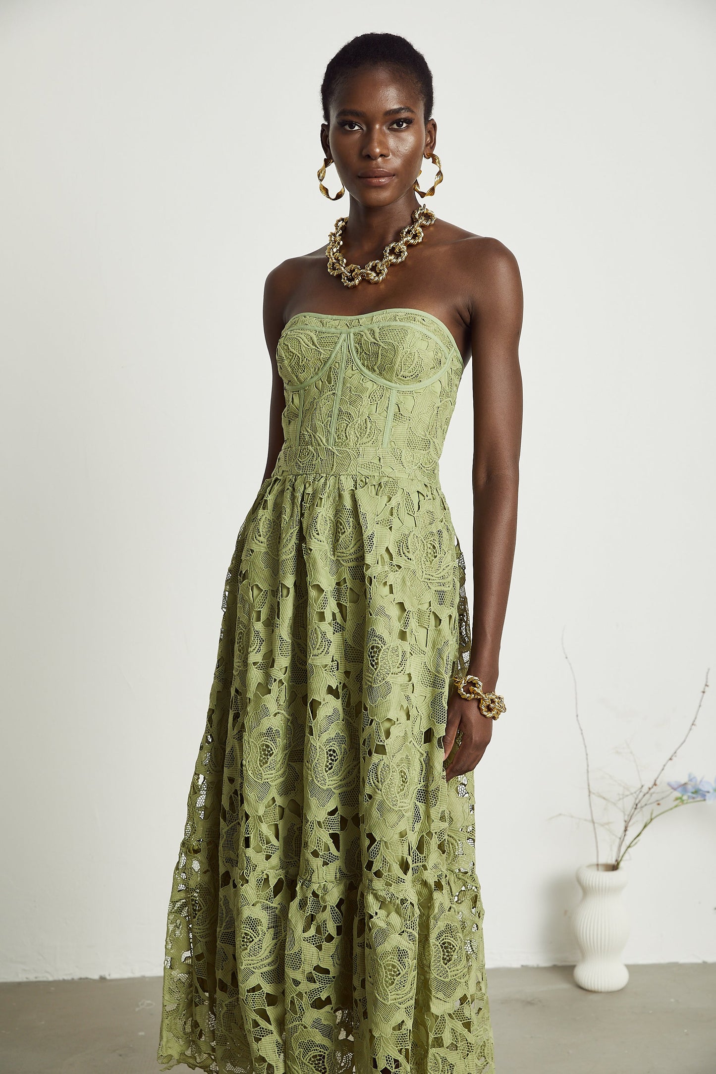 Inès lace floral embroidered cut-out midi dress