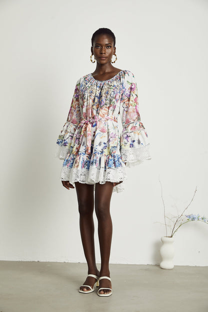 Bérénice floral-print lace trim mini dress