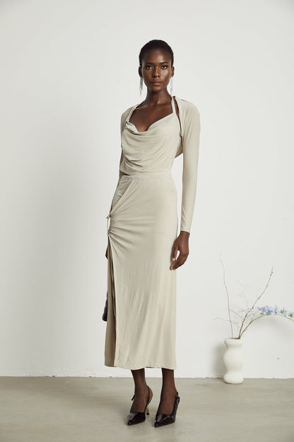 Lanetta khaki jersey top & skirt matching set