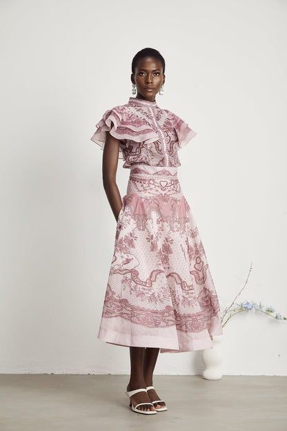 Anaïs flounce-trim pattern-print top & skirt matching set
