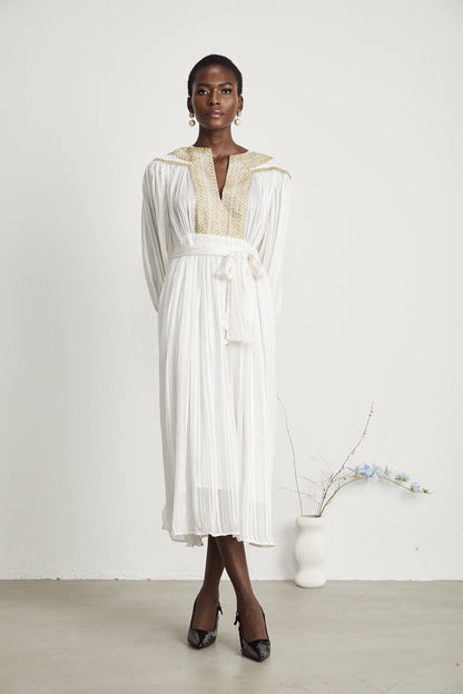 Élodie gold-trim pleated midi dress