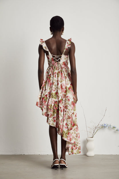 Vivien strawberry-print asymmetric midi dress