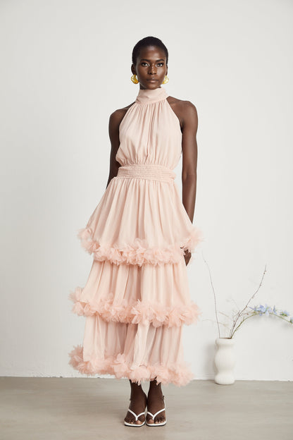 Micah pink 3D-petal tiered midi dress