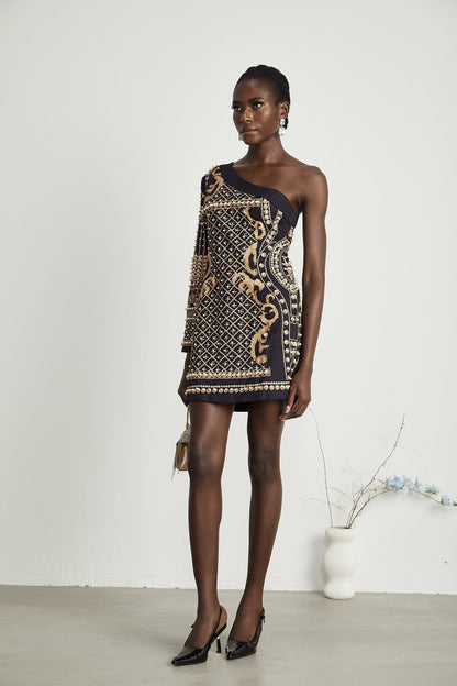 Ysabella mono-shoulder faux-pearl mini dress