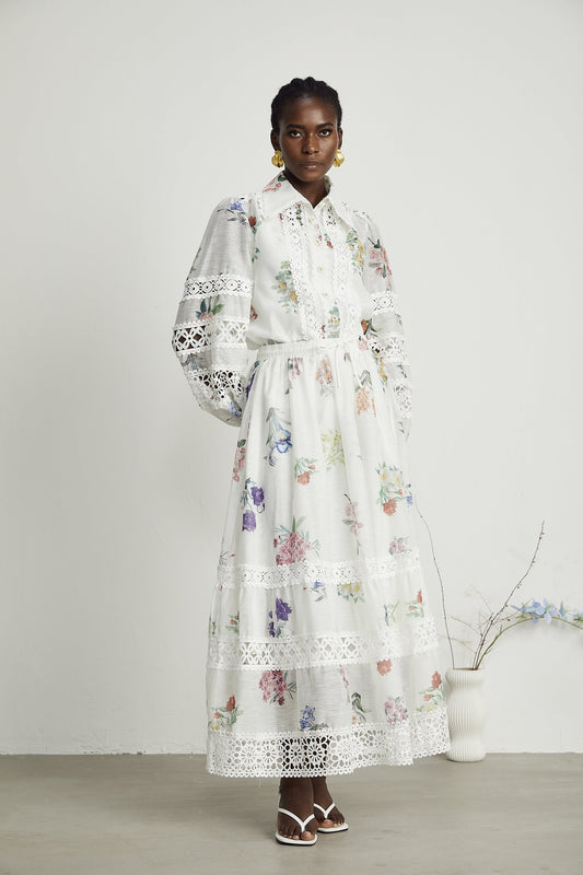 Manon floral-print cut-out shirt & skirt matching set