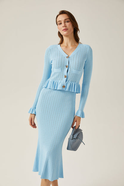 Gabrielle blue flared knitted top & skirt matching set