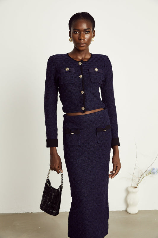 Éléonore navy-blue check-pattern jacket & skirt matching set