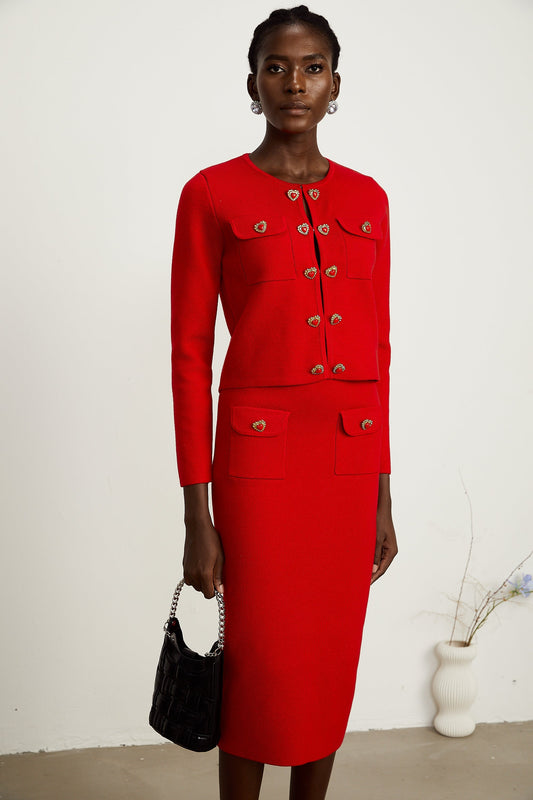 Jessica red sweetheart knitted cardigan & skirt matching set