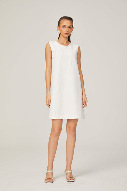 Elisabeth A-line sleeveless beaded tweed mini dress in Whỉte