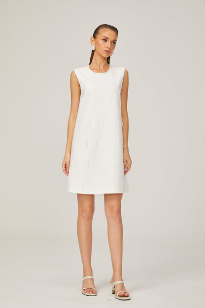 Elisabeth A-line sleeveless beaded tweed mini dress in Whỉte