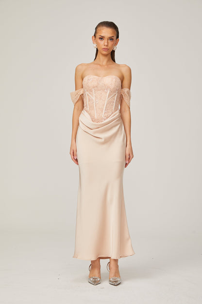 Ariane pink lace-panel draped midi dress