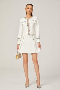 Katia white crystal-embellished trim jacket & skirt matching set