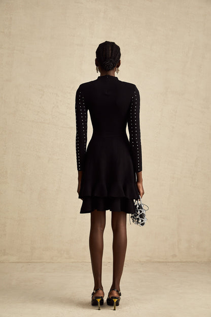 Fabienne black embellished ruffled knitted mini dress