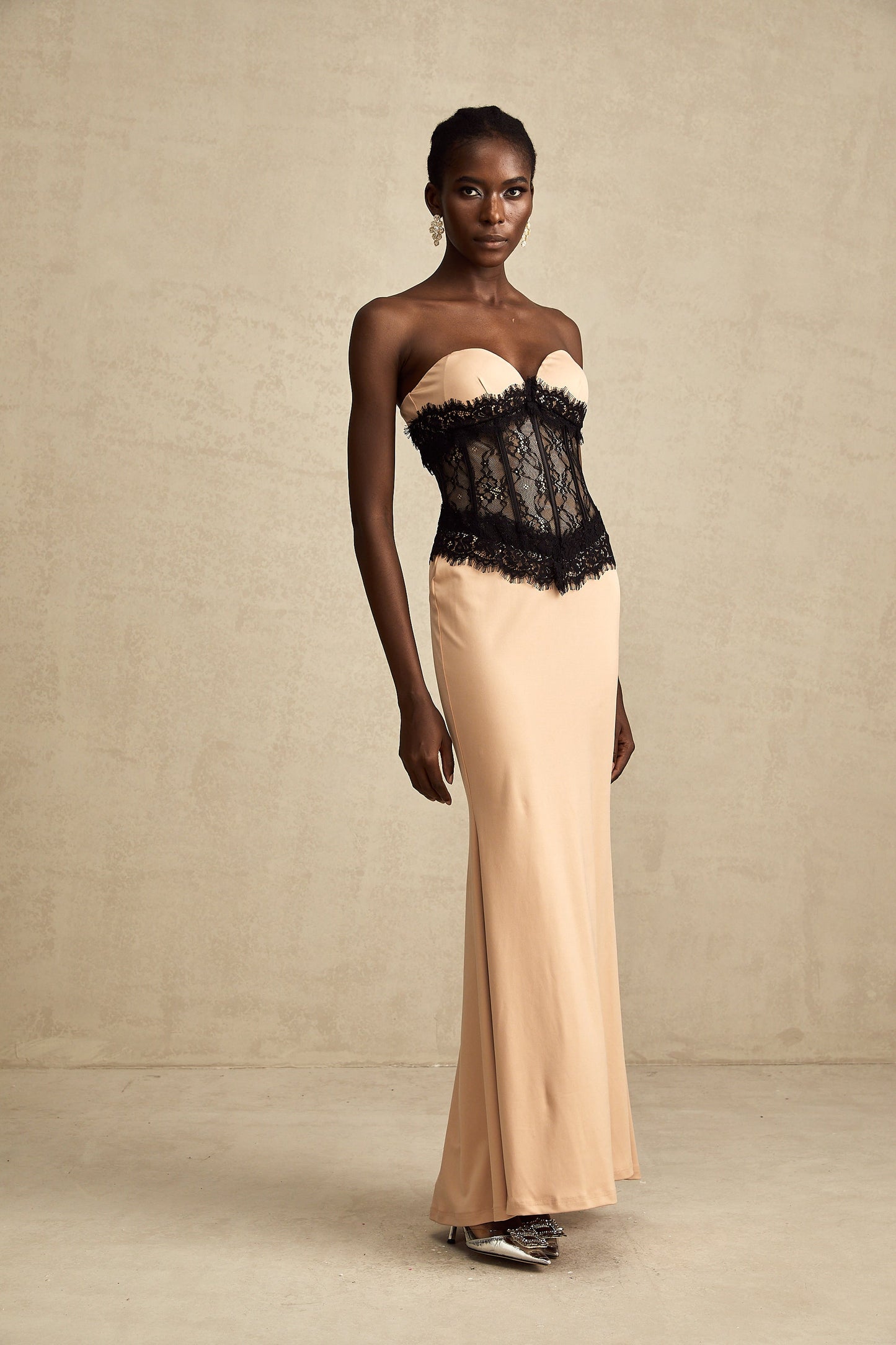 Delphine lace-panel off-shoulder corset maxi dress