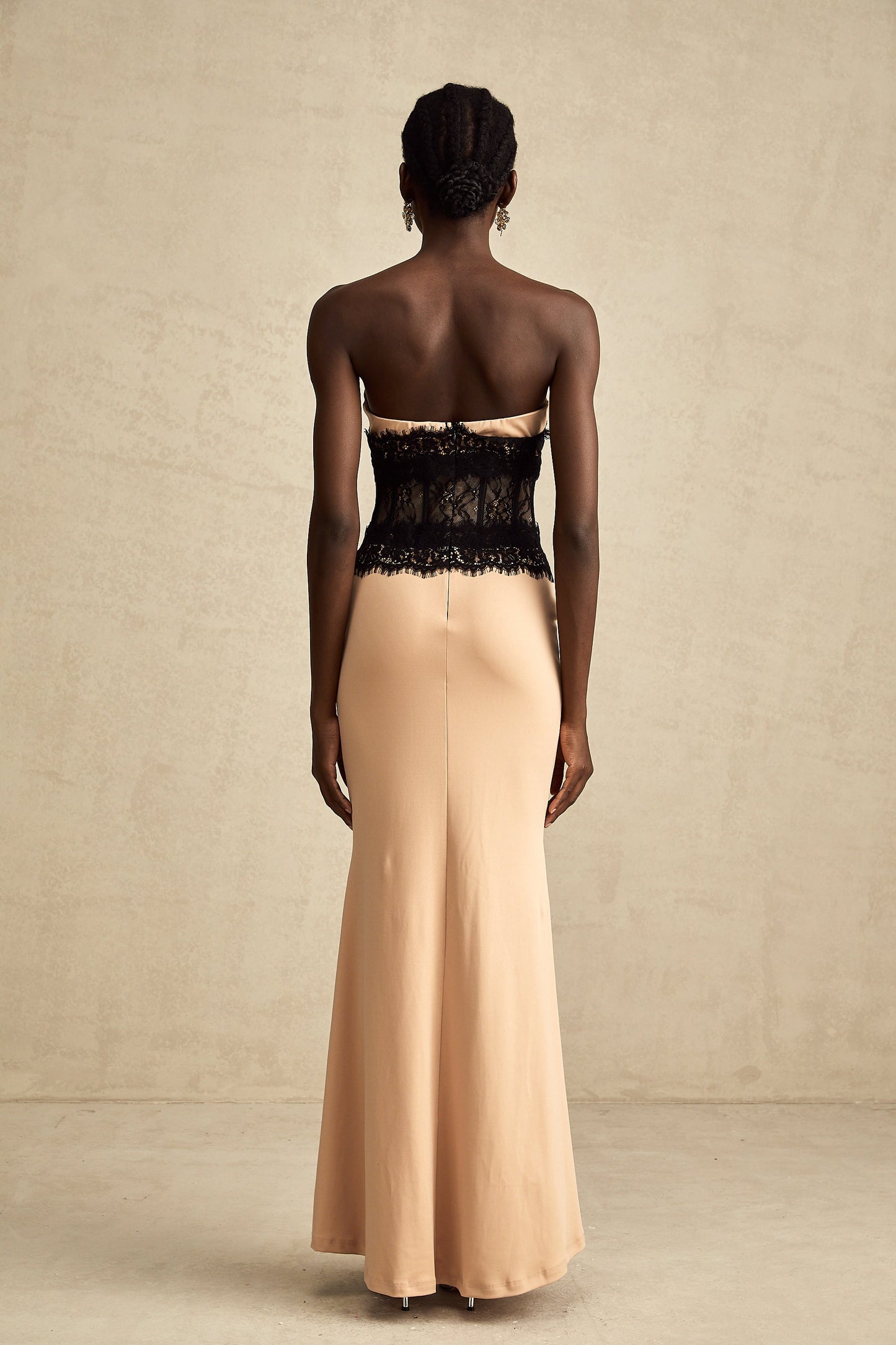Delphine lace-panel off-shoulder corset maxi dress