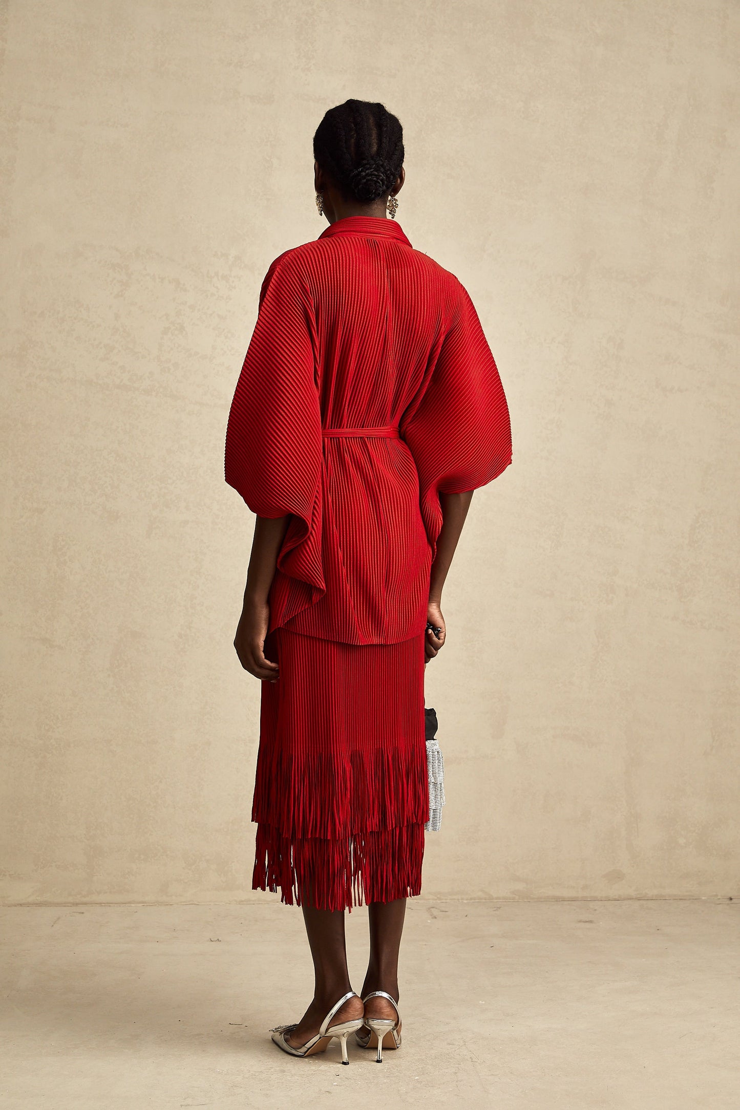 Cyrielle red pleated jacket & skirt matching set