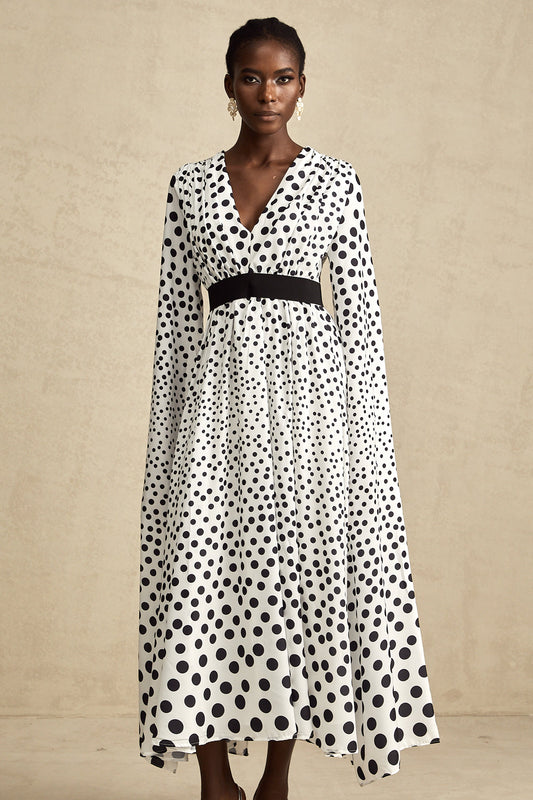Brigitte white polka-dot slit-sleeve midi dress