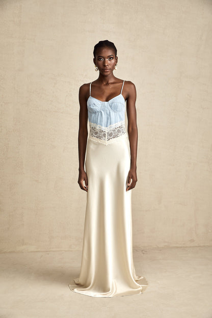 Lisette lace-trim panelled maxi dress in white