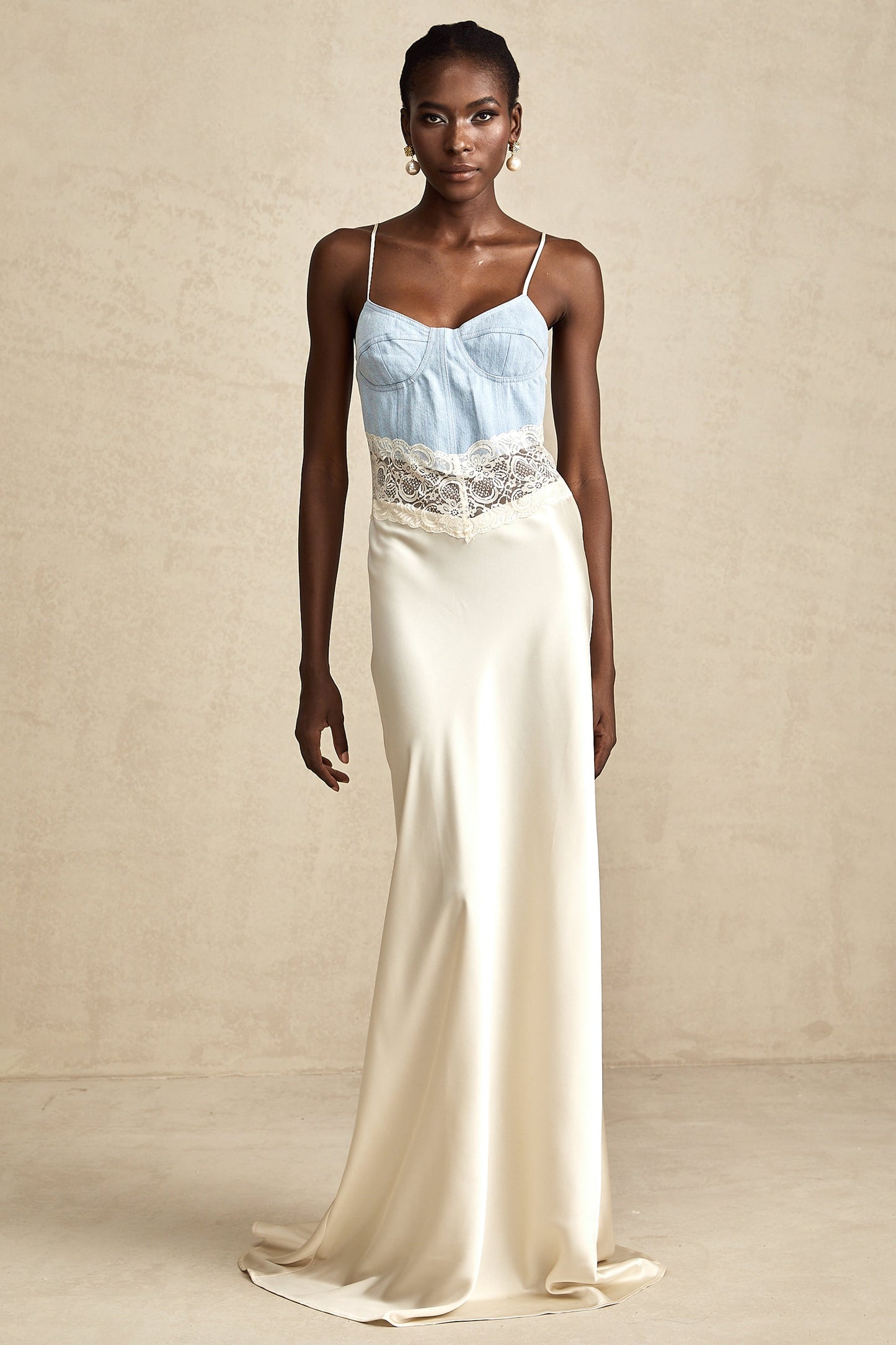 Lisette lace-trim panelled maxi dress in white