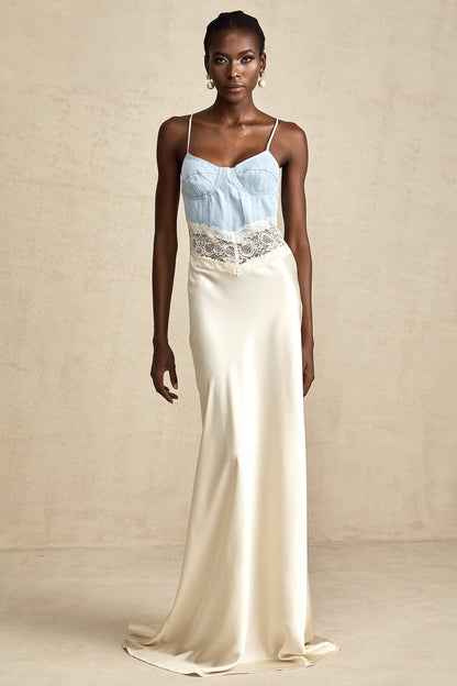Lisette lace-trim panelled maxi dress in white